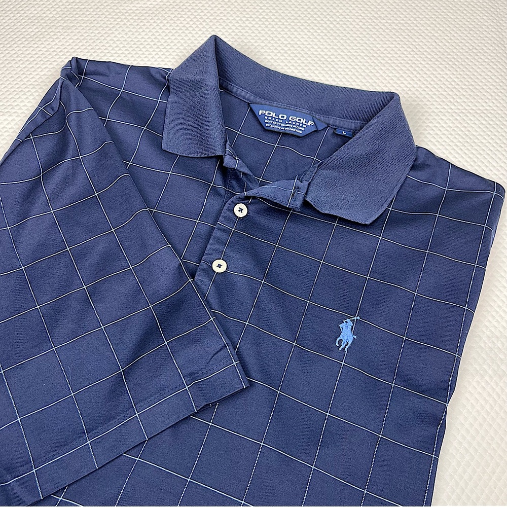 Polo Golf‎ EUC Polo Shirt Mens L Navy Blue Windowpane 100% Cotton Short Sleeve